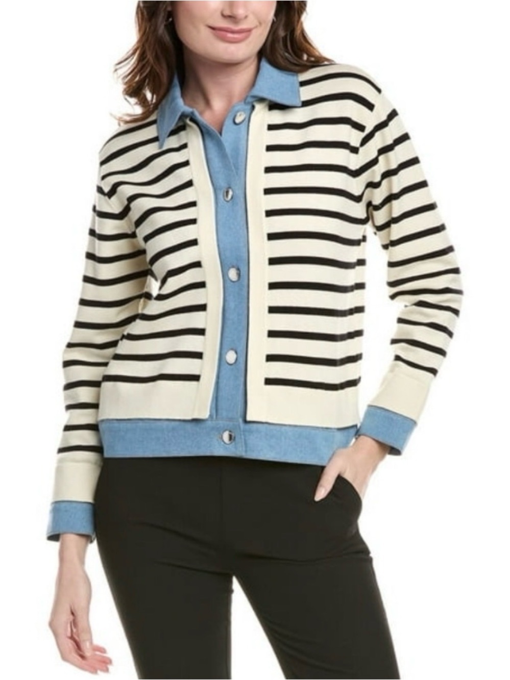 Nanette Lepore Cream and Black Striped Cardigan with Blue Trim